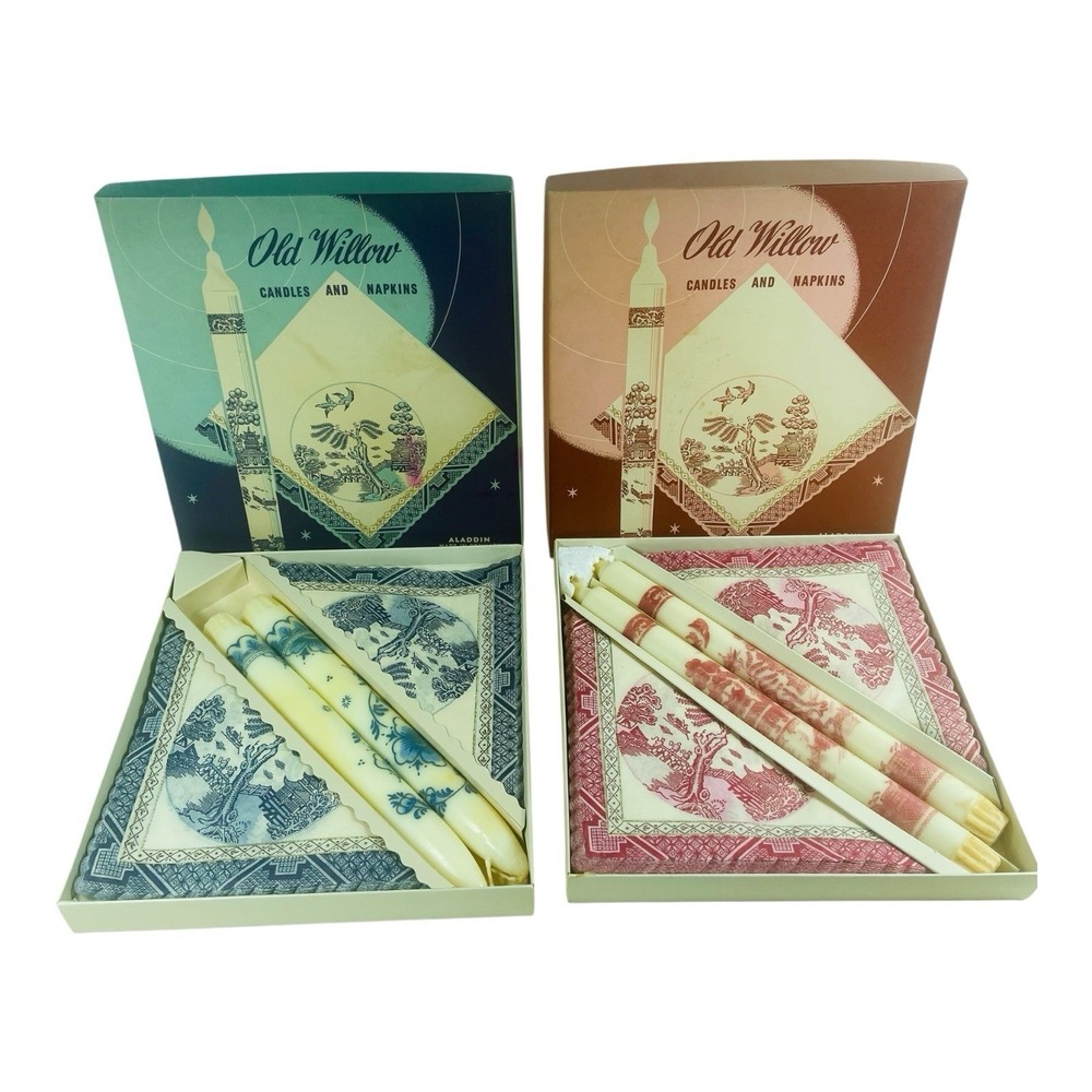 VTG OLD WILLOW Candles and Napkins Aladdin Denmark with Original Box Lot NOS